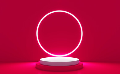 Red realistic 3d cylinder stand podium with glowing white neon in circle shape. Abstract 3D Rendering rendering geometric forms. Minimal scene. Stage showcase, Mockup product display.