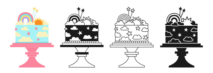 Birthday cake decorated sweet rainbow star, sun, celebration dessert. Cartoon symbol, stamp, line doodle design set. Party delicious yummy bakery collection. Holiday cake decoration pastries sign
