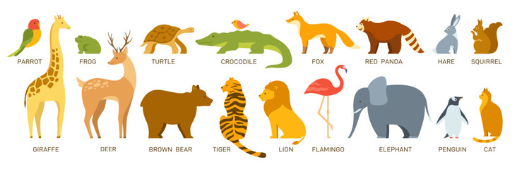 Animal with titles cartoon set. Alphabet for kids, educational learning illustration. Hare parrot, squirrel, giraffe. Panda bear penguin. Characters for baby card. Cat fox lion tiger design collection