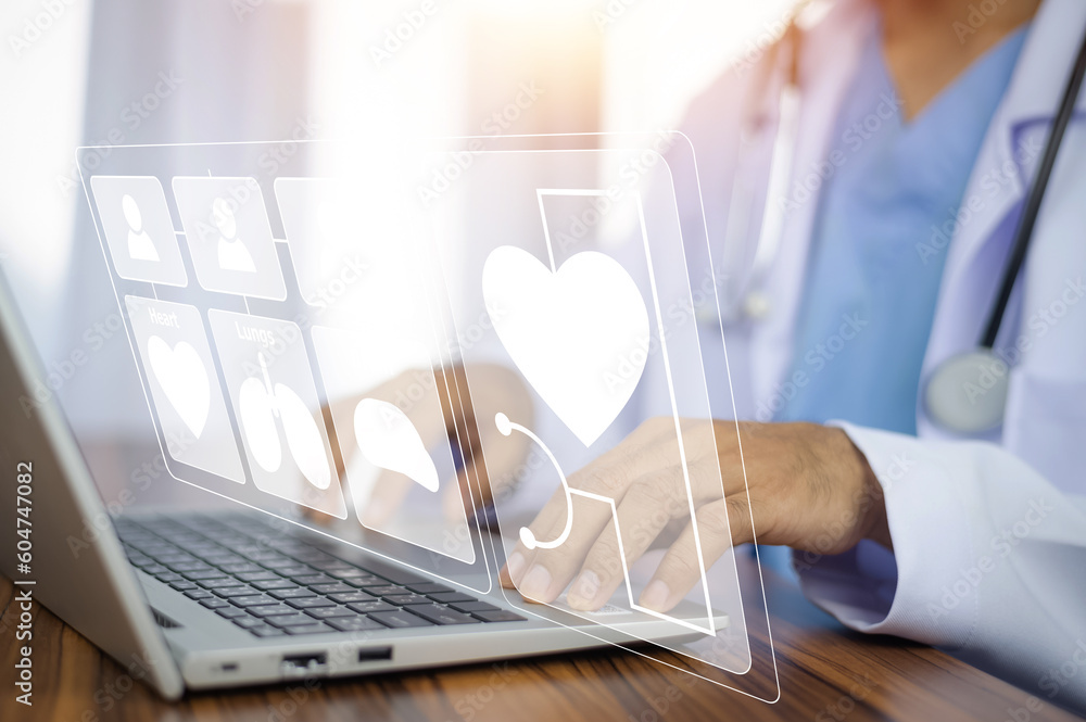 Poster doctor using technology document management on computer system management for cardiologist specialis