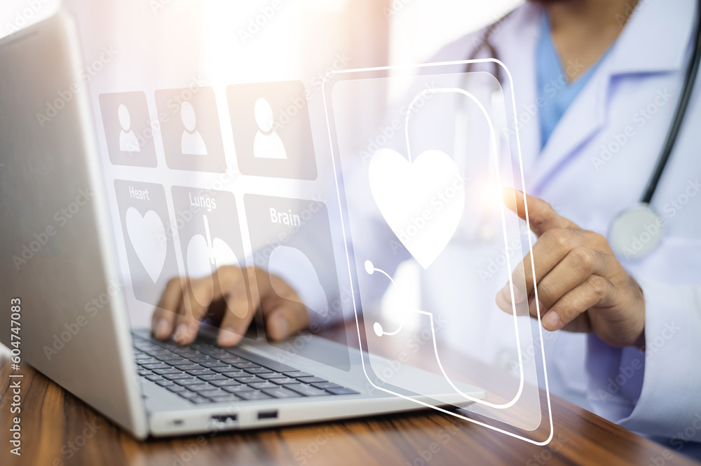 Poster doctor using technology document management on computer system management for cardiologist specialis