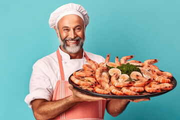 Mediterranean Seafood Feast. Indulge in a delectable platter of fresh shrimps and seafood prepared by a skilled Spanish chef. Copy space. Exquisite culinary delight AI Generative