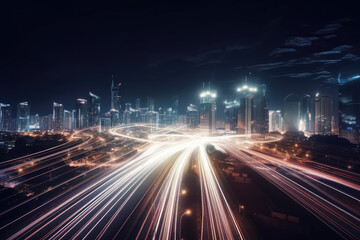 Fototapeta na wymiar Smart digital city with high speed light trail of cars of digital data transfer, generative AI