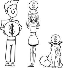 Cheerful and happy characters are holding a huge monetary unit or a coin.