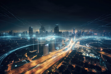 Fototapeta na wymiar Smart digital city with high speed light trail of cars of digital data transfer, generative AI