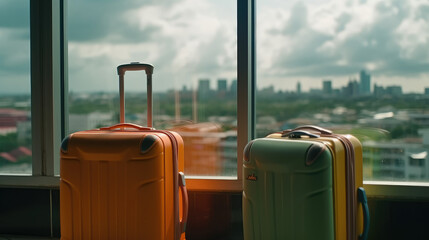 Colored suitcases in the departure hall of the airport, the concept of summer vacation and travel, the traveler's suitcase in the waiting area of the airport terminal, the emphasis on Generative AI
