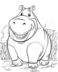 Black and White Cartoon Illustration of  hippopotamus cartoon page, Coloring page for kids and adults. Print design, t-shirt design, tattoo design, mural art.