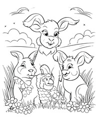 Cute cartoon farm animals, Hand drawn vector coloring page of cartoonish farm animals. Coloring page for kids and adults. Print design, t-shirt design, tattoo design, mural art, line art