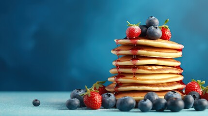 pancakes with berries on top on blue background - obrazy, fototapety, plakaty