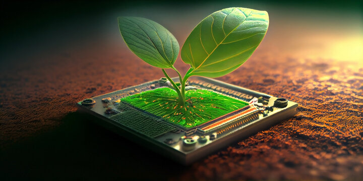 small plant sprout growing from electronic microprocessor, eco-friendly computer technology. Generative AI