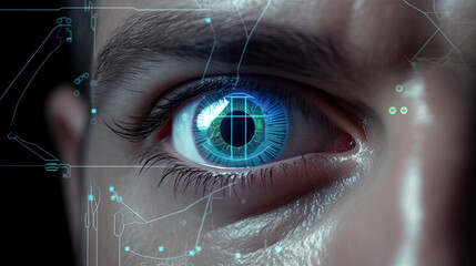 Close-up eye the future cataract protection, scan, contact lens. Generative AI