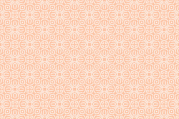 Orange and white geometric pattern, organic contours, interlocking archetypal symbols, delicate flowers.