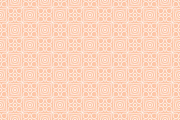 Orange and white geometric pattern, organic contours, interlocking archetypal symbols, delicate flowers.