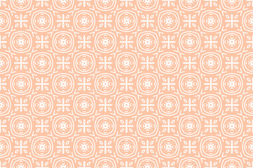 Orange and white geometric pattern, organic contours, interlocking archetypal symbols, delicate flowers.