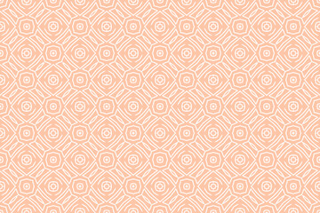 Orange and white geometric pattern, organic contours, interlocking archetypal symbols, delicate flowers.