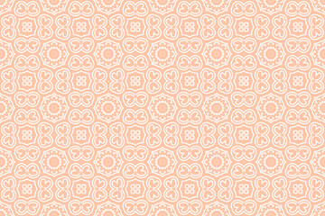 Orange and white geometric pattern, organic contours, interlocking archetypal symbols, delicate flowers.