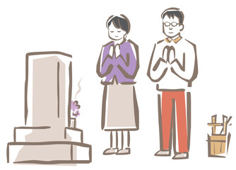 墓参りする男女、ベクターイラスト
