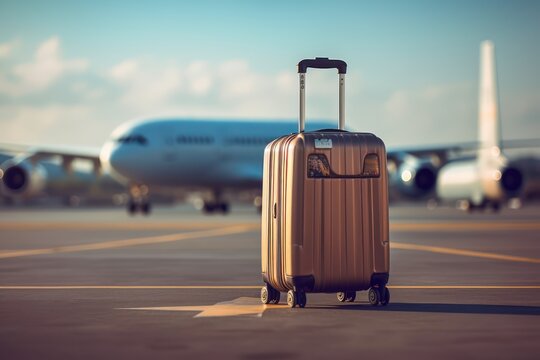 Suitcase on Runway with Blurred Airplane in Background - Business Travel Concept on Travel Background