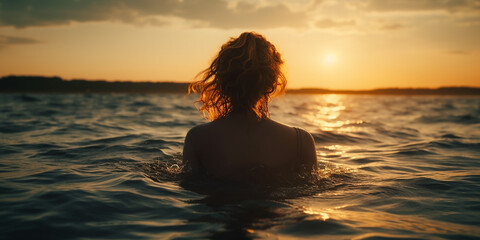 Fototapeta premium A young beautiful woman stands with her back against the background of the sea and the seashore, in the rays of the setting sun. Generative AI