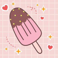 Cute fresh strawberry ice cream popsicle dessert kawaii food with pink elements