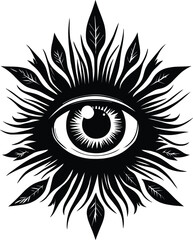 Abstract symbol of All-seeing Eye in Boho Indian Asian Ethnic style for tattoo black on white for decoration T-shirt