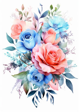 Watercolor Flower Bouquet Pink Blue Turquoise