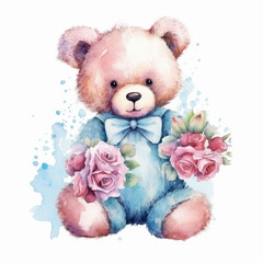 Watercolor Cute Bear Pink Blue Turquoise