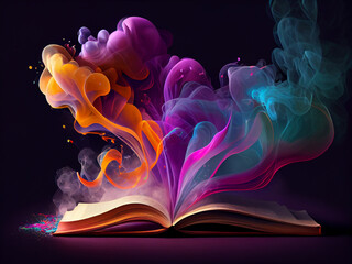 Clouds of multi-colored beautiful smoke over the pages of an open book, on an isolated black background. Generative AI