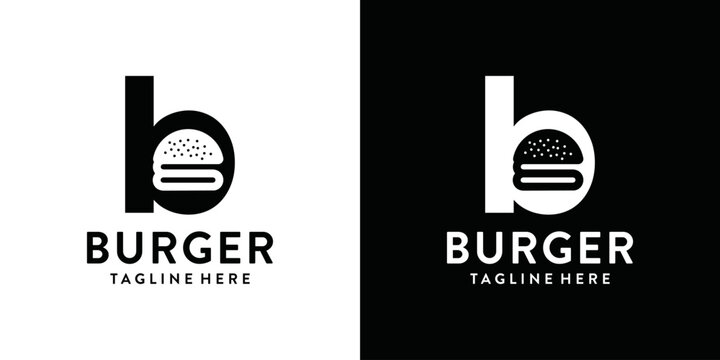 b typography flat logo with burger, logo combination for burger	
