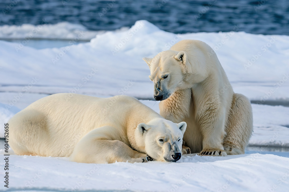 Wall mural two polar bears relaxed on drifting ice with snow, white animals in their natural habitat.