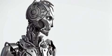 The face of a humanoid robot on an isolated background and close-up. Generative AI