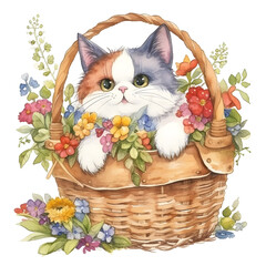 Fototapeta na wymiar watercolor little cute cat in summer flower basket clipart sublimation