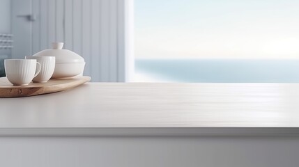 Fototapeta na wymiar Coastal style white empty space tabletop with ocean seaview background, Scandi interior design product display, AI generated