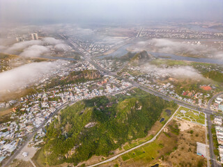 Aerial view of Da Nang Marble mountains which is a very famous destination.