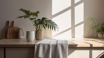 Coastal style white blank empty space kitchen countertop with kitchen utensils and indoor plant, Scandi interior design, AI generated