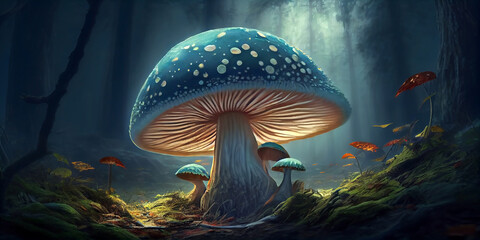 Glowing magic mushroom in a fairy forest, close-up. Generative AI