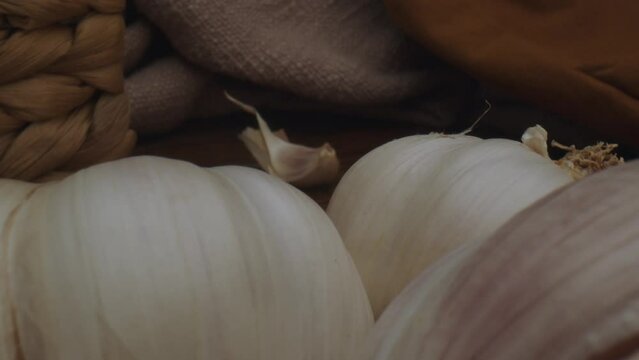 Dried Garlic bulbs Cinematic macro slider shot 