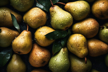 Fresh Pears with Droplets of Water and Leafs, Top-View Close-Up Background