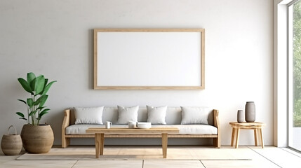 blank wooden picture frame mockup on wall in modern living room. 