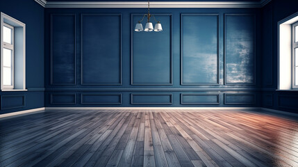 Dark blue wall in an empty room with a wooden floor. 