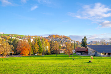 city Kriens in autumn There are colorful trees and lush green grass. the city in the background beautiful scenery clear sky swizerland.