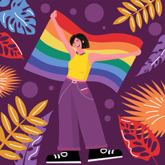 Stylish LGBT woman holding rainbow flag on color background