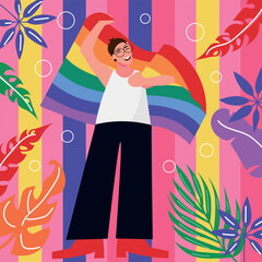 LGBT person holding rainbow flag on colorful background