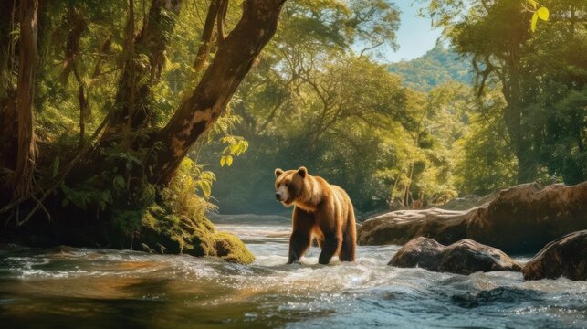 Brown bear standing in the river. Generative AI.