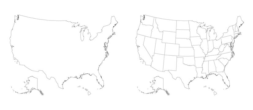 USA map. American Flag one white black outline 
