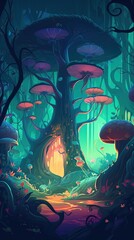 068. enchanted forest graphic poster design vibrant colors wallpaper. Generative AI