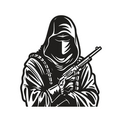 stealthy assassin, vintage logo line art concept black and white color, hand drawn illustration