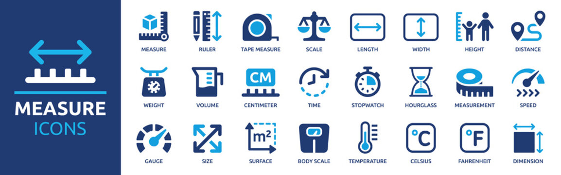 Measure icon set. Containing scale, ruler, size, dimension, temperature and gauge icons. Solid icon collection. Vector illustration.