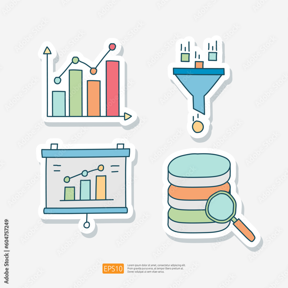 Aufkleber data collection and analysis concept doodle sticker icon set vector illustration. statistics science