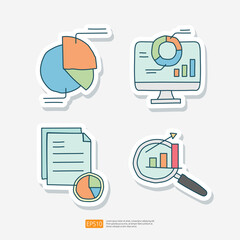 data collection and analysis concept doodle sticker icon set vector illustration. Statistics science technology, machine learning process related for business strategy sign symbol
